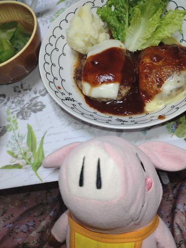 ホークちゃんとハンバーグ🐷
えのぐぺんきのママが作りました♪
（えのぐぺんきは料理初心者なんです😅）