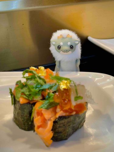 ぬいぐるみの写真を撮っているところを店長が見てくれました。私たちにお寿司をごちそうしてくれました。とてもラッキー💓٩(>ω<*)و