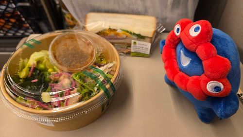 しんかんせんで移動しながらおそい昼ごはん！
きおすくで売ってるおそうざいって全部おいしそうで、いつも選ぶのに時間がかかっちゃう…