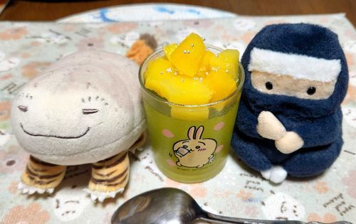主殿が作った
青りんごマスカットゼリー
冷凍パインのせでござる。