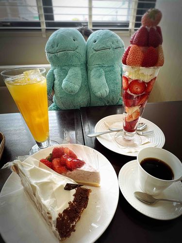 ぬぁ！ねんがんのぱっふぇをたべにいったぬ！おいしかったぬ！いちごのきせつだぬね(˙𐃷˙)