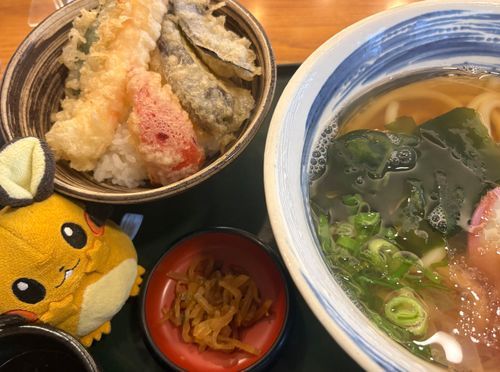 温かいおうどんと天丼ネ！今日は涼しかったから温まるンネ〜！