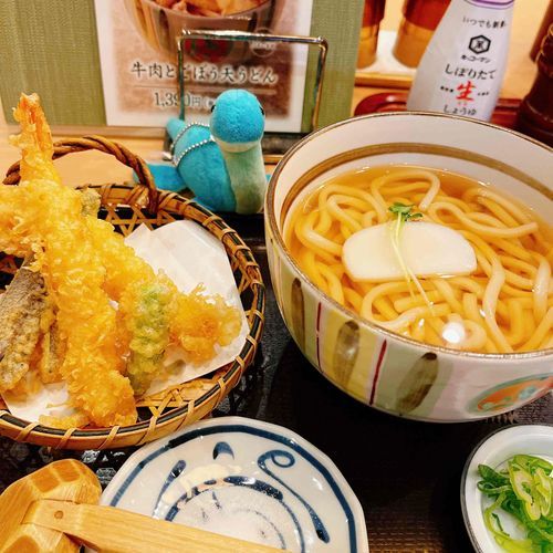 ドヤ顔のキリュウくんとおうどんと天ぷら