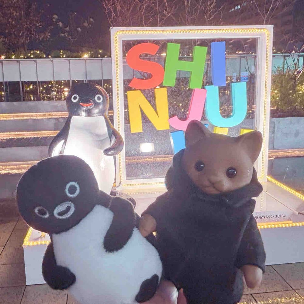 やっと。ペンギンといっしょにお出かけできた🐱🐧𓈒𓏸˖*𓐍
新宿のペンギン広場へ！イルミネーションきれいだったなぁ( ᵕᴗᵕ )✩⡱