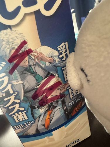 ごろにゃん？（いつも飲んでいるヨーグルトが特別なパッケージで売られていました。かっこいいお兄さんたちですね）