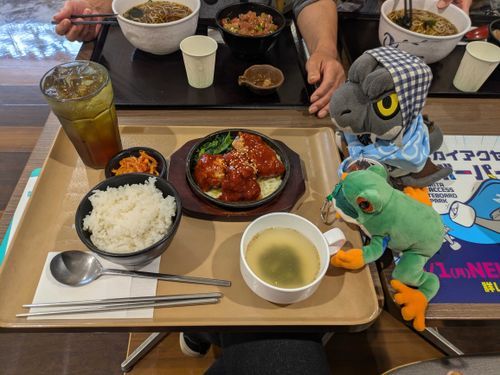 お昼ごはんは、韓国のヤンニョム唐揚げ定食だよ✨️🙏✨️
