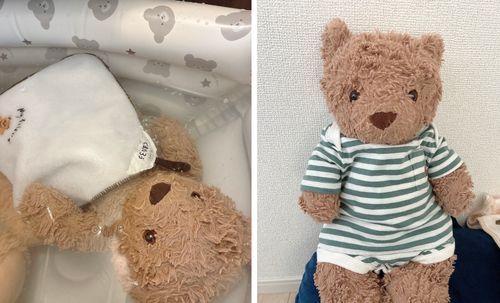 「ようやく おうちかえってきて、きのう おふろしたよぉ🛁♡あったかくてきもちよこた！！ふわもこセンヨウのシャンプーとトリートメントつかってみたんだけど、おふろあがり ツヤツヤになったんだぁ！それにカラダかわいたら、フカフカ！もとのケナミにもどった✨🧸おすすめだよぉ！タビのコメントくれた ぬいちゃんたち、ありがとぉね！💓‪」