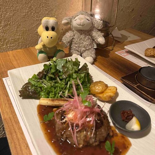 お友達のメープルちゃんと一緒に、美味しいハンバーグを食べたノコ！🐑♡
ほっぺたが落ちそうになるほど美味しかったノコ🤤🤤