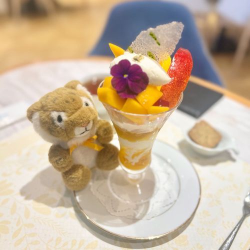 資生堂パーラーのマンゴーパフェで夏の訪れを感じるしまちゃんだよぉ🥭🐯めちゃトロピカル〜
