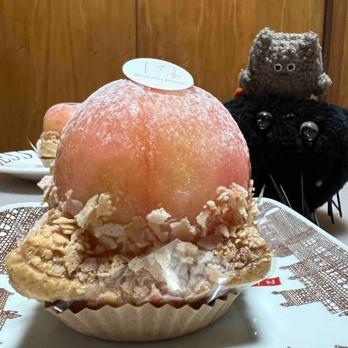 桃が着地したケーキです
完熟した桃のなかにカスタードが入ってました