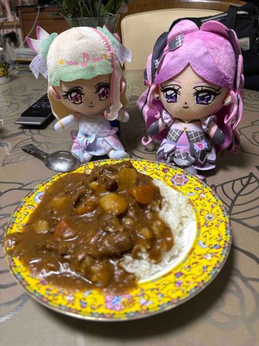 「ハートをプリッとロックオン！」
のキュアズキューンと…

「ハートをメロッと独り占め」の
キュアキッスの、カレータイムよ。
冷めないうちに、食べましょ。
