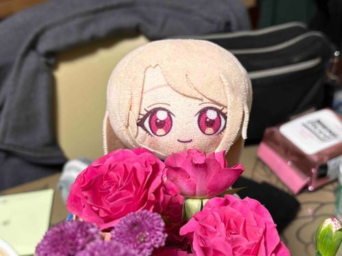 花瓶に入ったバラの中から、
ご機嫌よう〜　一応、トゲが
付いているから触るときは
気をつける必要があるわね。