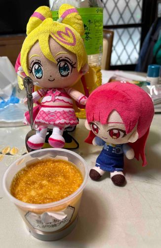 🔴　これは、焼プリン…！
　　　意外な品を選んだな。

🩷　だいたい私たちって誕生日
　　　が同じだから、一緒に
　　　食べましょ〜！！