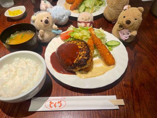 せんじつのきょうとのしゃしんです
だいすきなとくらのはんばーぐをいただきました😊
にくじうがあふれだしていました