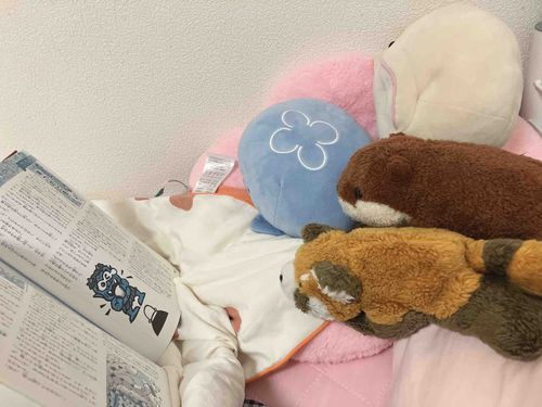 寝る前のよみきかせ🌙📖´-
今日はおともだちを呼んだよ！
この本、365日のお話があって毎日の物語があるんだ🥰
今日は『神力坊と鬼』をきいたよ！面白かったーꉂ😂
おやすみなさい💤💞