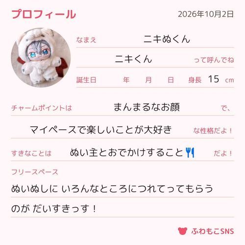 我が家のニキぬくんのプロフィール作ってみました☺(byぬい主)