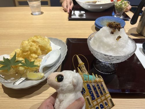 おんせんのれすとらんでいかげそてんぷらとうめしろっぷかきごおりをたのんだのさ。
こりこりしたいかげそとあまずっぱいうめしろっぷがおいしかったですわ。
