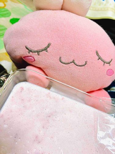 ホゴシャ が、スーパー で わけあり いちご の おっきなパック を かってきたよ！
ぜーんぶ いちごムース に したんだって♪♪