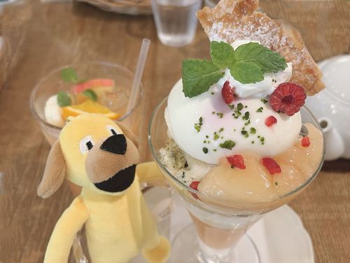 いぬ、桃のパフェを食べる
🐶「おおきいねえ」