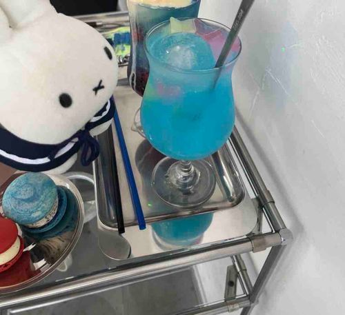 宇宙みたいなカフェに行ったんだよ！
これはキラキラのラムネゼリーソーダだよ〜星の形のゼリーが入ってるよ！
うさぽこの下に写ってるマカロンも美味しかった〜うさぽこもとても気に入ったみたいだったよ！