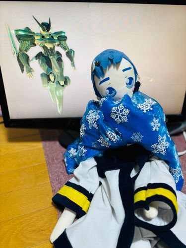 かいちゃんだよ🍨💙
ロボットアクションゲームの主人公が乗る機体「ジェフティ」とぼくの、ツーショットを撮ってみたよ！