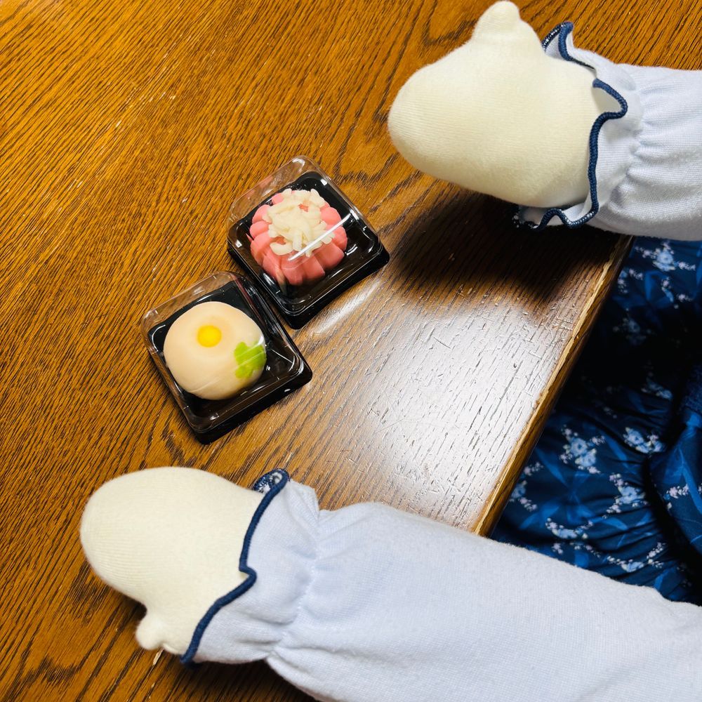 おやつに練り切りを食べるのだ💕
白くてちょっと窪んでいるのが、
尾形光琳の考えた「光琳菊」で、
ピンク色で上に白いあんこが乗ってるのが、「わた菊」なのだそうだ。
鹿子もあるのだ！
と〜っても、美味(びみ)なのだ🥰