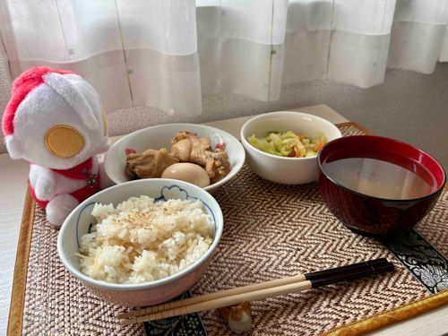 今日のお昼ごはん
手羽元のさっぱり煮は一晩寝かせたから、味がしみしみ！