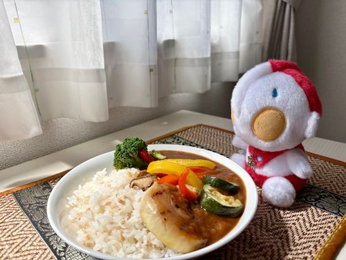 今日のお昼ご飯
レトルトのお安いカレーにグリル野菜をトッピングしたら、とっても豪華になったよ。
ズッキーニがお気に入り！