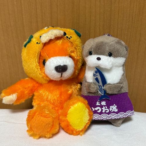 新しい家族を紹介。
愛媛限定のみきゃんベアと、高知限定のかつおん。
かつおんはすぐに釣りに行こうとするんだ。そんなかつおんをみきゃんベアが面倒見てるよ。