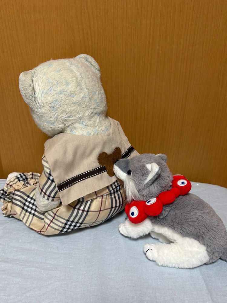 おおくんのミャクミャク取ったらすごく怒られたよ。
つい数日前は卒業するって言ってたのに不思議な子だ。
つけてあげたら機嫌直したから良かったよ。
けあの服の背中にあるクマのワッペンが気になるみたいで、ツンツンして遊んでたよ。