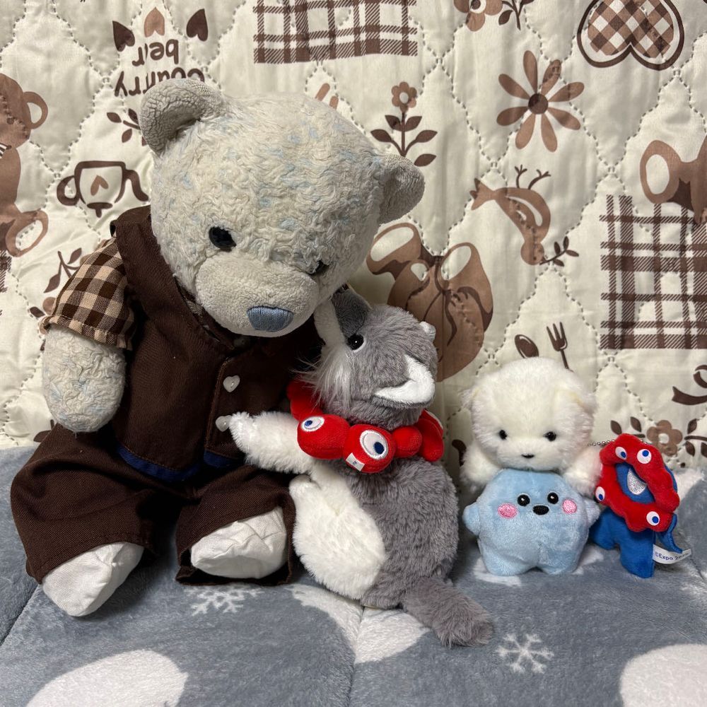 まずはサーキュラーちゃんのお迎え会。
でかとおおくんがいっぱい構ってたよ。
ん？おおくんどうしたの？みんなで記念撮影だね。
4枚目は万博で撮った写真。あのときと同じ色の子をお迎えできてよかったよ。