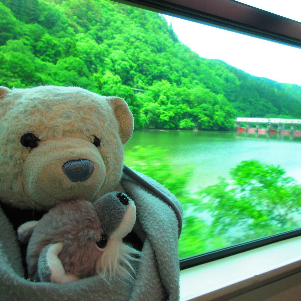只見線の旅に戻るよ。
金山町観光が終わって、会津川口駅から会津若松駅に向かったよ。
1枚目　途中で通った会津柳津は赤べこ発祥の地。
2枚目　車窓から見えたダム？
3枚目　車窓から見えた磐梯山。
4枚目　おやとにらめっこして遊ぶおおくん。