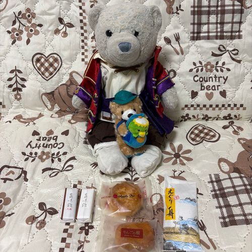 おやのおやが上高地に行ったようで、お土産をもらったよ。
けあの膝の上にいる子は上高地限定のかっぱベアくん。カッパといえば遠野だと思ってたけど…河童橋からかな？
かっぱベアくんはハートロックベアちゃんと仲良くなってたよ。