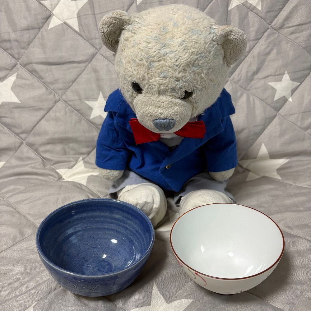 おまちかねのけあのお皿が完成したよ。
青を指定したら、鮮やかな色のお皿ができたよ。
裏にもクマを描いたんだね。いい感じだ。
でもヨーグルト用のお皿にするにはちょっと大きいね。ご飯の茶碗と同じくらいだ。