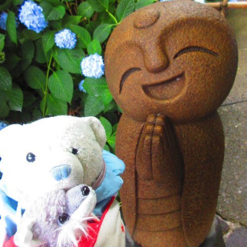 なまはげ館を楽しんだ後は、紫陽花の名所である雲昌寺へ。
可愛いお地蔵さんがいっぱいいて写真を撮ってもらったよ。
なまはげが怖くて泣いてたおおくんもすっかり泣き止んだよ。
2枚目はお地蔵さんの真似っこしたんだけど、あんまり似なかったね。