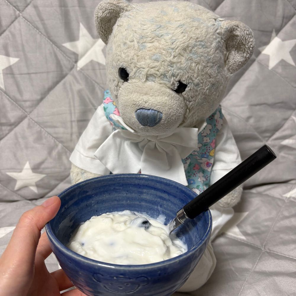 やきものフェアに行ってお皿を買ってきたよ。
でもけあが使うのは自分用のお皿。
けあのお皿の初めてはブルーベリーヨーグルトにしたよ。ヨーグルトがよく合うお皿だ。
