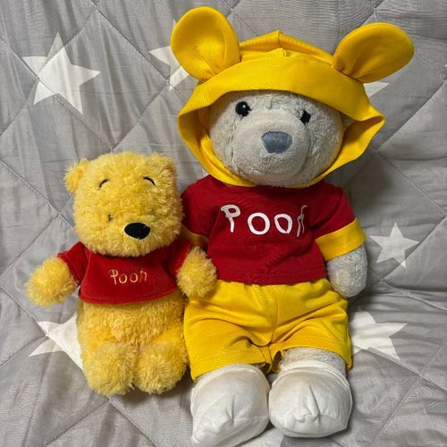 今日はプーさんになってみたけあ。うちにいるプーと仲良く並んでみたよ。
プーの相棒のリトルグリーンメンが甘えにきたよ。２匹の膝に乗って大満足なお顔だね。