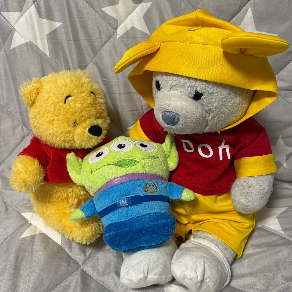 今日はプーさんになってみたけあ。うちにいるプーと仲良く並んでみたよ。
プーの相棒のリトルグリーンメンが甘えにきたよ。２匹の膝に乗って大満足なお顔だね。