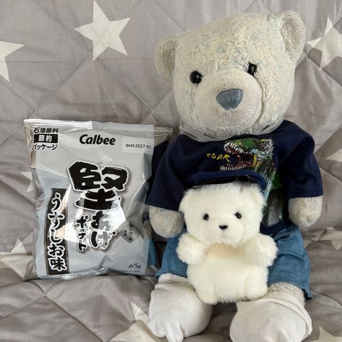 節約パッケージのお菓子を初めて見つけて買ってみたよ。
このパッケージの裏の反射するところで、でかが初めて自分の姿を見てビックリしてたよ。
自分のこと、カッコよくて強い警察官だと思ってたみたい。
「でかは　こんなにかわいいでちか…？カッコよくないでちか…？」って戸惑ってたよ。