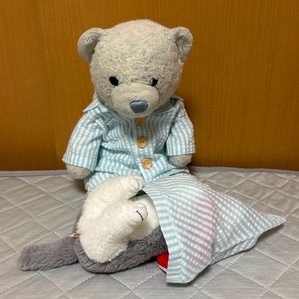 おおの　あたらしい　おようふく。けあちゃのぼうし　もらったよ。
あたまから　はいったほうが　いいニオイするね。おやすみ…💤