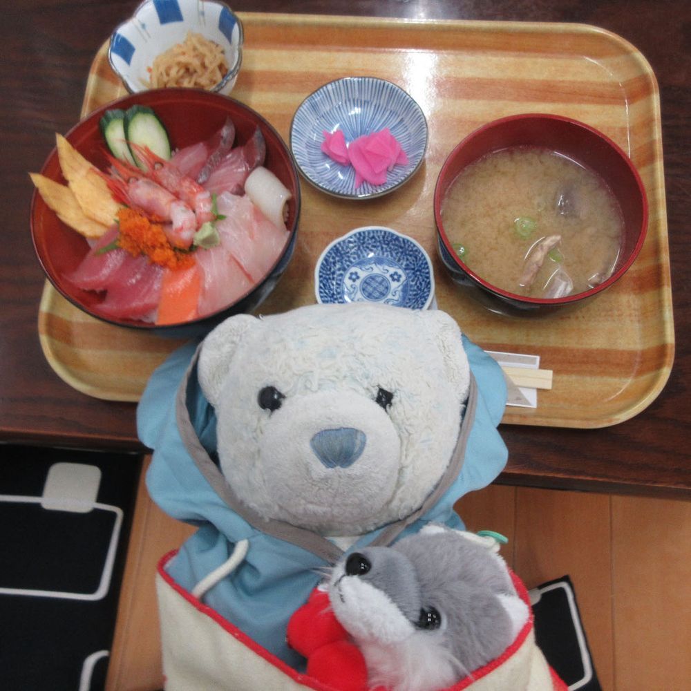 男鹿の写真ラストだよ。
1枚目　超巨大なまはげと記念撮影するけあたち。
2枚目　秋田市の道の駅にあったぽけふた。写真撮ってたら、おばあちゃんに「ここで写真撮るぬいぐるみ多いのよ。それを見て癒されてるの。」って声かけられて和んだよ。
3枚目　秋田駅のオブジェ。
4枚目　海鮮丼とあら汁。美味しかったよ。

男鹿旅行の写真、付き合ってくれてありがとう。
次は10月に四国に行くよ。楽しみだな。