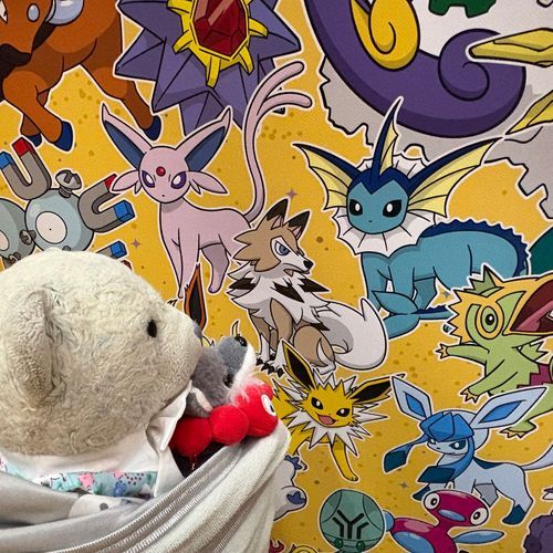 ポケモン天文台ラストだよ。
1枚目　自分に似てるポケモンを見つけて喜ぶおおくん。あまり似てないよ。
2枚目　ジラーチと記念撮影。けあの願い事は、美味しいもの食べられますように。
3枚目　道の駅にあったぽけふた。けあはラティアスラティオスが大好き。
4枚目　記念にもらったうちわとカード。可愛くて使えないよ。