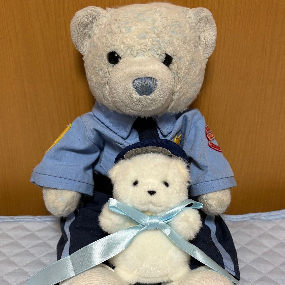 けあは警察官の衣装を黒と青の2着持ってるんだけど、青の方を着たら早速でかがやってきたよ。
「だっこちてください！」って言われたから、膝に乗せたら喜んでたよ。
でかのリボンでかすぎるね。転んじゃう前にちょっと切らなきゃだね。