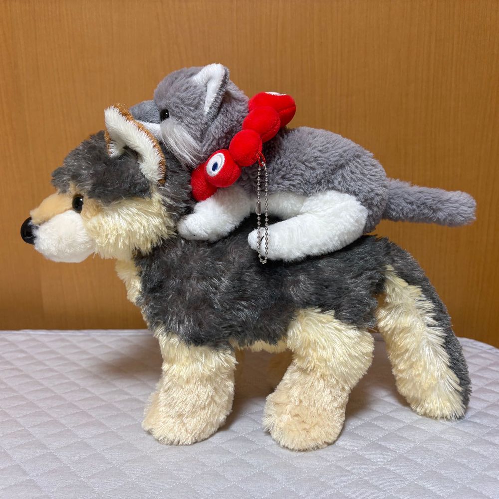 そんけいする　オオカミせんぱい。
おおのこと　のせてくれる。カッコいい。
しっぽ　こんなにちがう。オオカミせんぱい　しっぽ　おっきい。カッコいい。