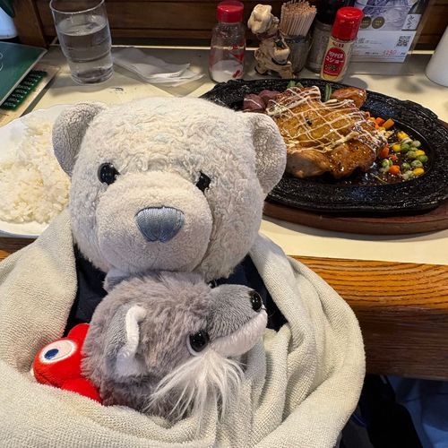 鉱山で勉強したあとは美味しいものを食べたよ。
1枚目　人気のレストランの山賊チキンステーキ。
2,3枚目　オシャレなカフェで食べたホワイトパフェ。
4枚目　大好きなまるまつのさばの味噌煮定食。