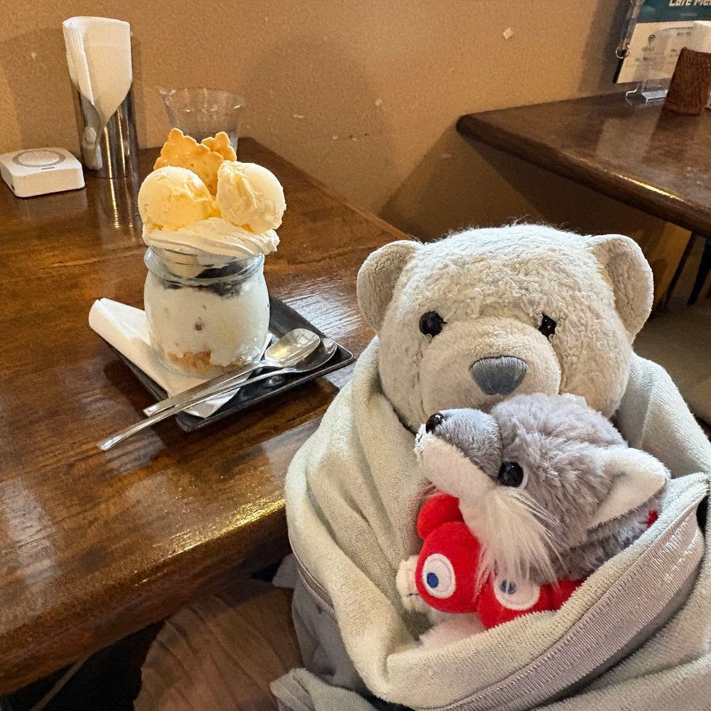 鉱山で勉強したあとは美味しいものを食べたよ。
1枚目　人気のレストランの山賊チキンステーキ。
2,3枚目　オシャレなカフェで食べたホワイトパフェ。
4枚目　大好きなまるまつのさばの味噌煮定食。