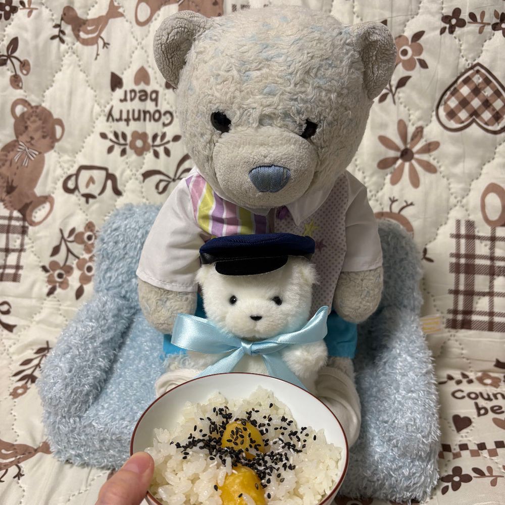 栗ご飯が食べたい！とゴネたら買ってきてくれたよ。
ちょっとごましおかけすぎちゃった。でかも食べるってやってきたよ。栗が好きみたい。