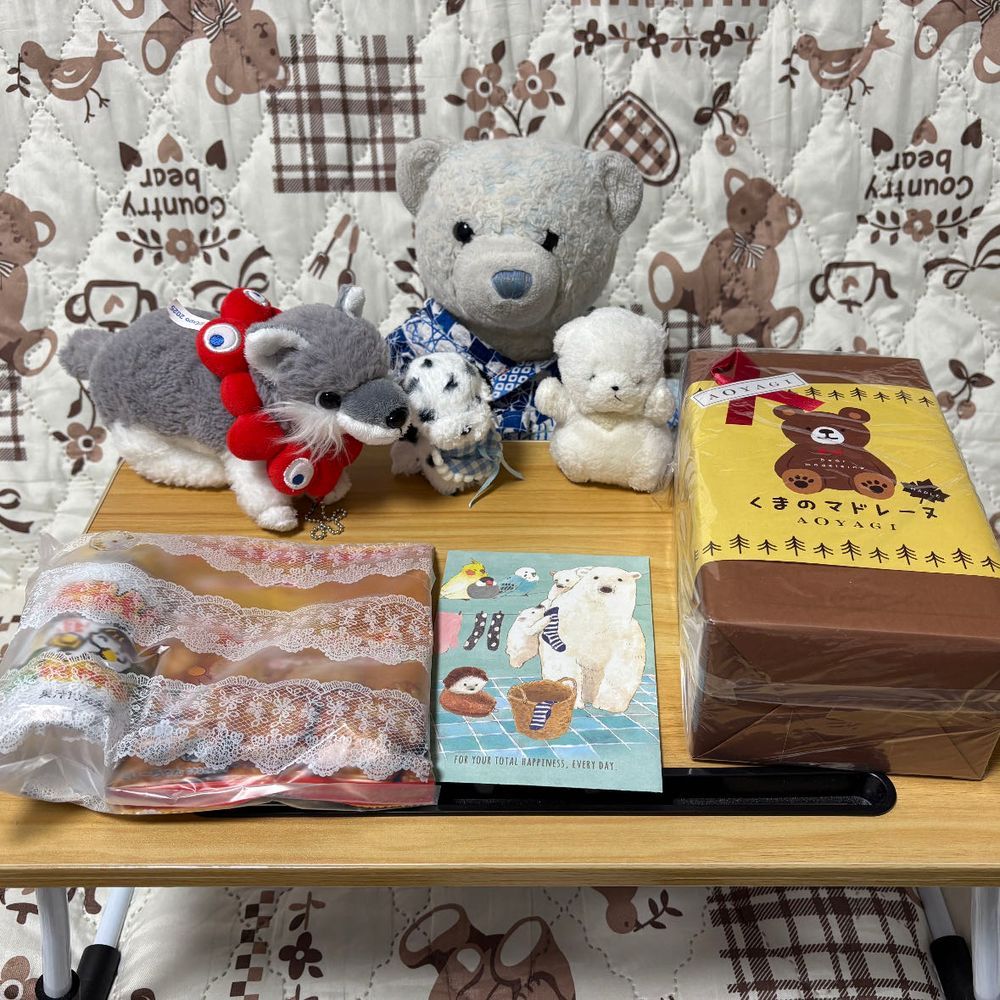 実は、四国旅行中におふうちゃんたちとお会いしてきたんだ。
ホンモノのおふうちゃんたちは可愛くて優しくて、前よりもっと好きになったよ。
プレゼントもくれたんだ。美味しそうなお菓子たち。
何より4枚目はけあたちのイラスト！これはけあたちの宝物にするよ。優しいタッチで大好きなんだ。
おふうちゃんたち、本当にありがとう。