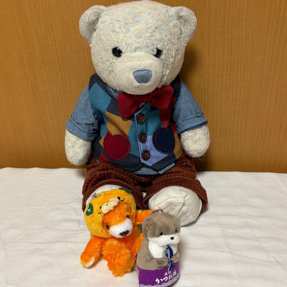 新しい家族を紹介。
愛媛限定のみきゃんベアと、高知限定のかつおん。
かつおんはすぐに釣りに行こうとするんだ。そんなかつおんをみきゃんベアが面倒見てるよ。