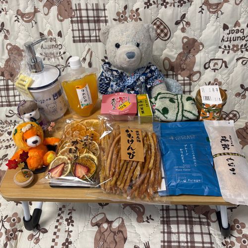 今回の旅のお土産をご紹介。
めったに行けないからって張り切ったみたいだけど…買い過ぎって感想しか出ないよ。
けあたちぬいぐるみがほとんど食べるからね。没収。
